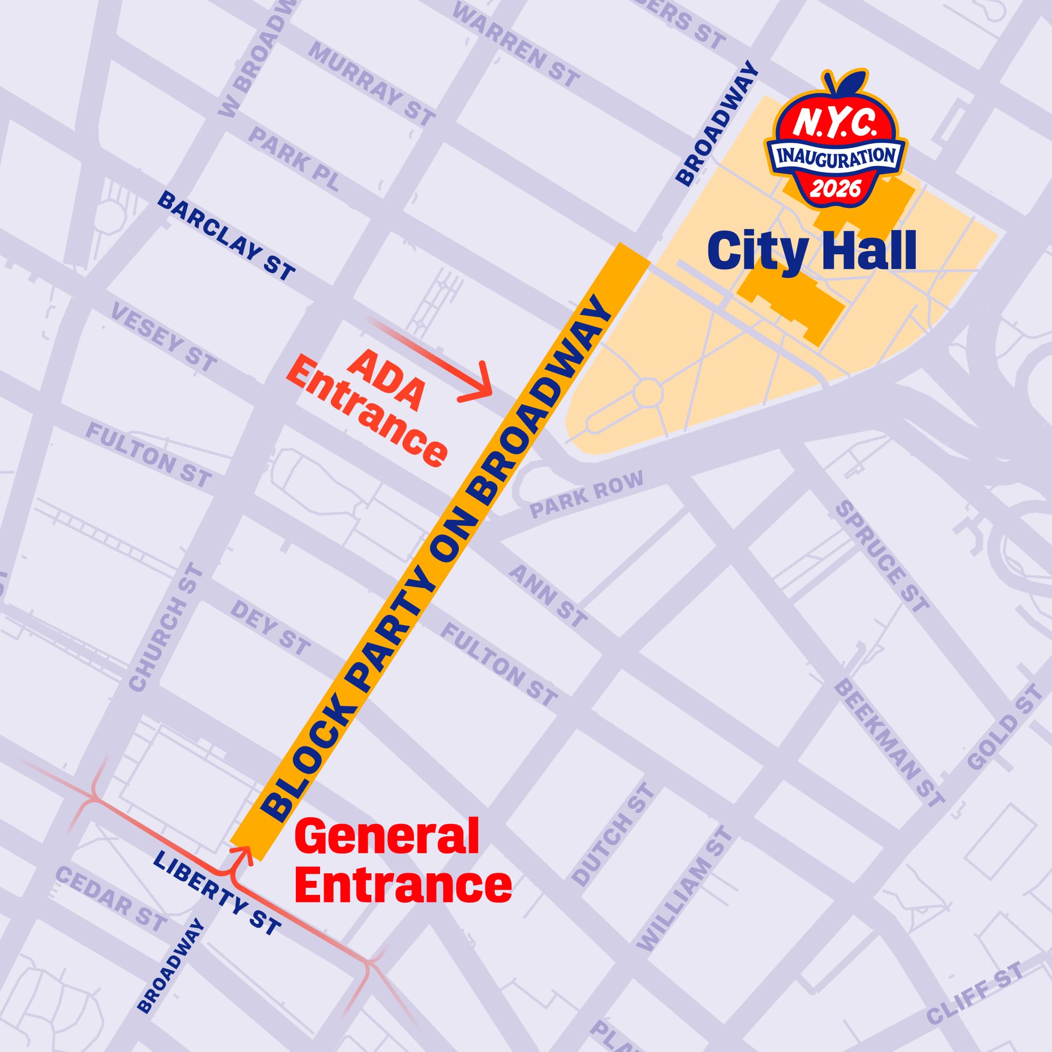 Map of the Inauguration Block Party. Broadway between Liberty Street and Murray Street is highlighted yellow and labeled "Block Party on Broadway." Arrows point to the ADA entrance at Broadway and Barclay Street, as well as the General Entrance on Liberty Street and Broadway. City Hall is highlighted in yellow.